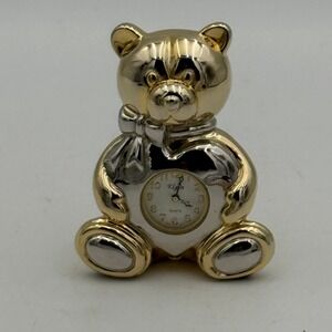 Elgin Teddy Bear Desk Clock Gold Silver Tone Heart Quartz Miniature Figurine